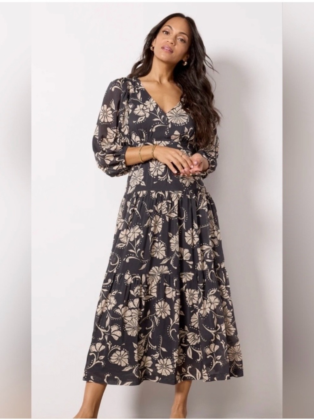 Z Supply Adelina Ari Floral Midi Dress Black Parchment Puff Sleeve Size S